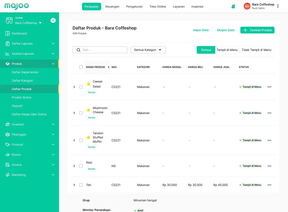 Pengaturan Varian Produk pada Dashboard